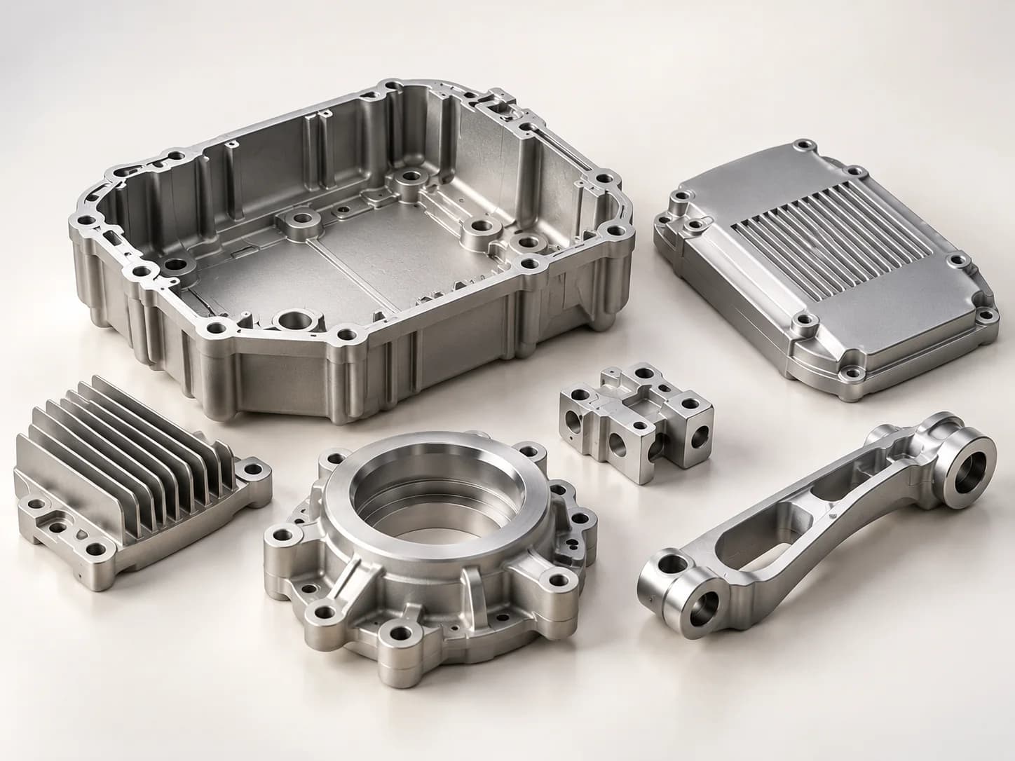 AI concept illustration of metal component shapes, including an open enclosure, covers and mounting features.
