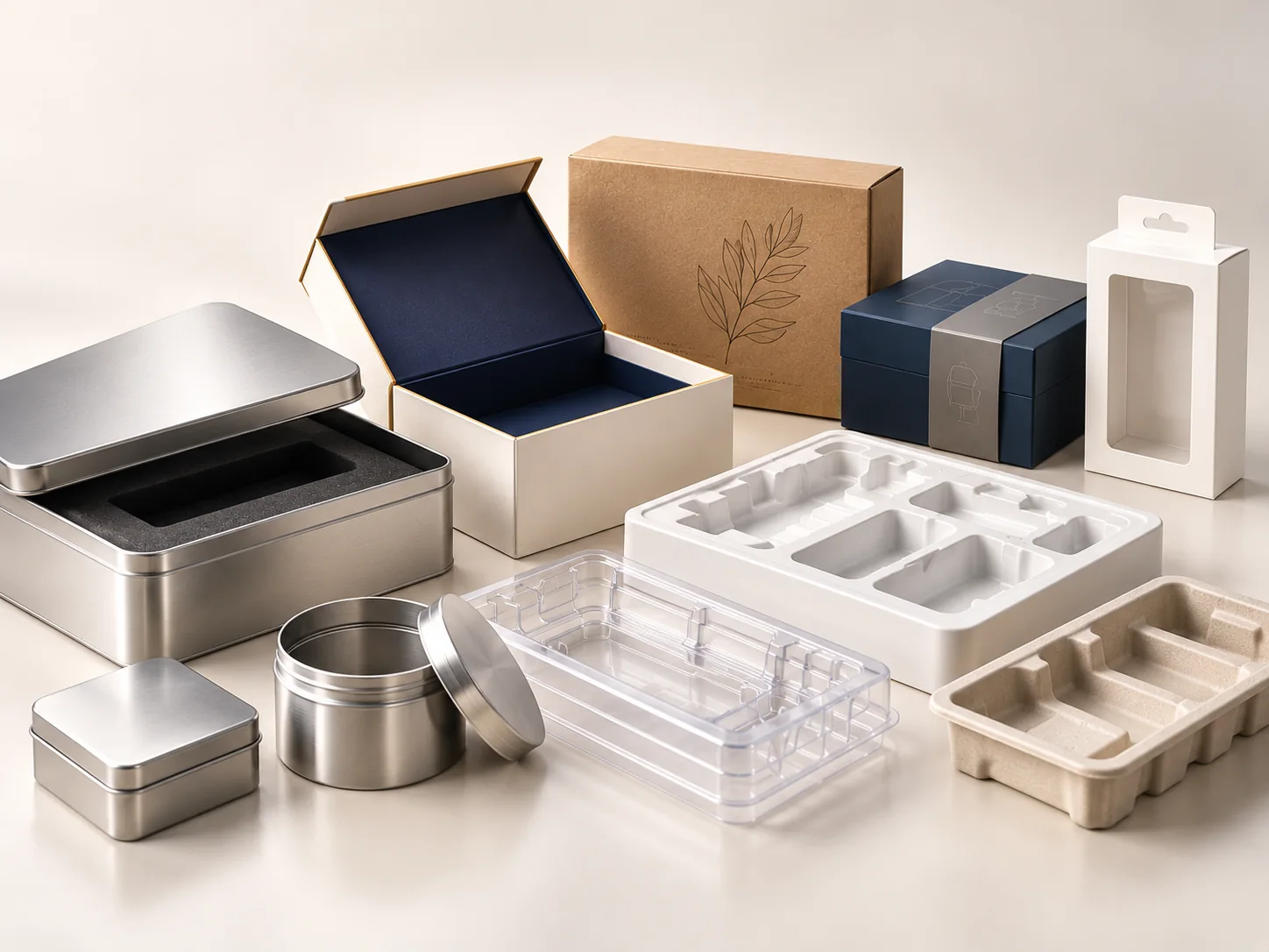 AI concept illustration of packaging boxes, tins and trays with different structures and inserts.